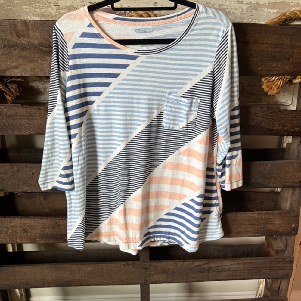 🟠WESTBOUND 3/4 Sleeve Striped Top in Blue/White/Peach XL